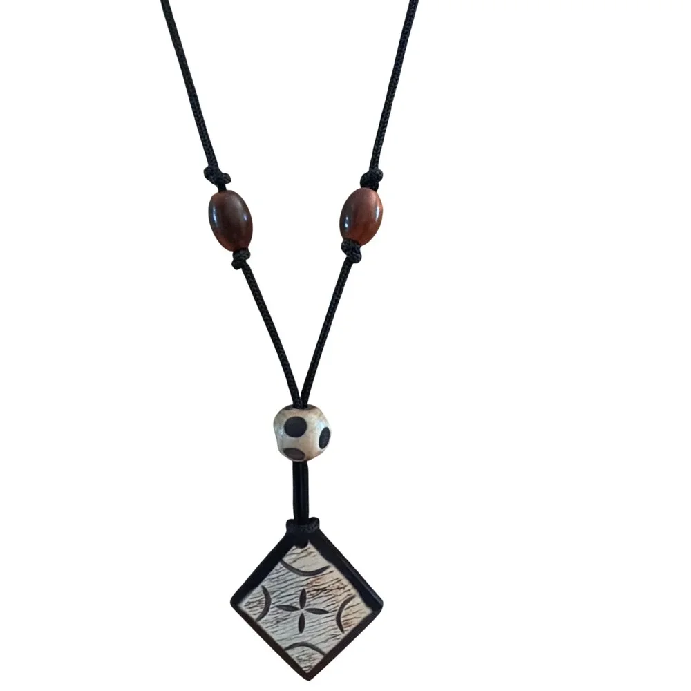 Handcrafted Tribal Geometric Carved Bone Wood Pendant Cord Necklace Black Long